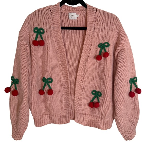Anthropologie Luna Ivy Pink 3D Cherry Knit Cardigan Sweater Small Chunky Spring - Picture 10 of 12